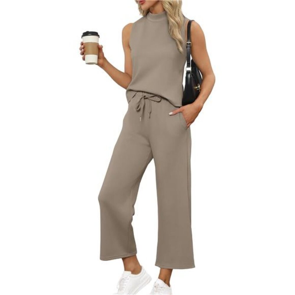 Two Piece Sets for Women Summer Outfits Lounge Sets Mock Neck Tops Wide